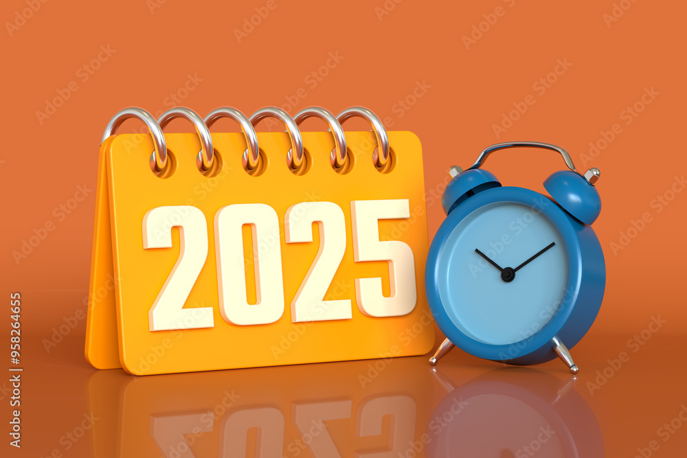 Poster alarm clock with 2025 calendar on a orange background. time and calendar concept. 3d rendering