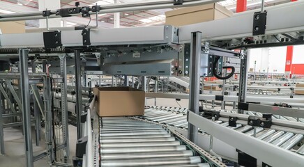 packing line in a logistics warehouse. conveyor belt in a modern production line