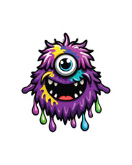 Illustration of a playful one-eyed monster with purple fur, dripping with colorful paint.