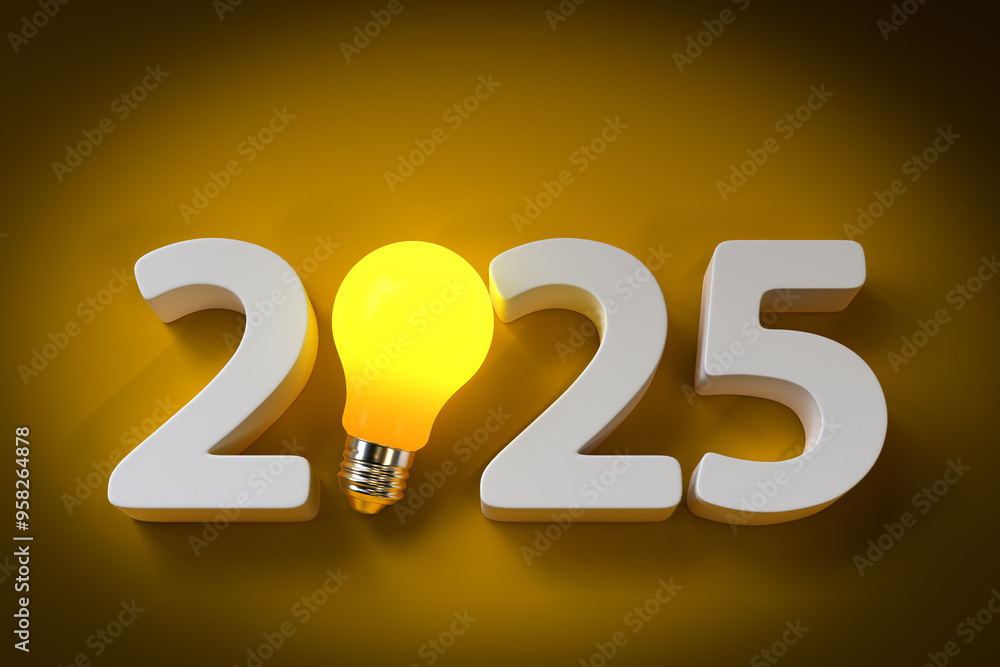 Poster new year 2025 text with light bulb. 3d rendering
