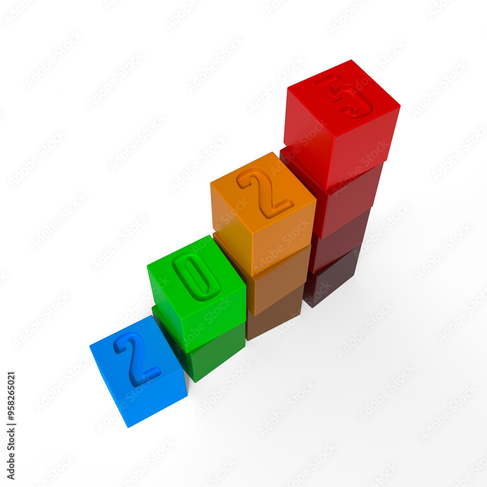 Poster year 2025 growth multi colored cube bar chart. 3d rendering