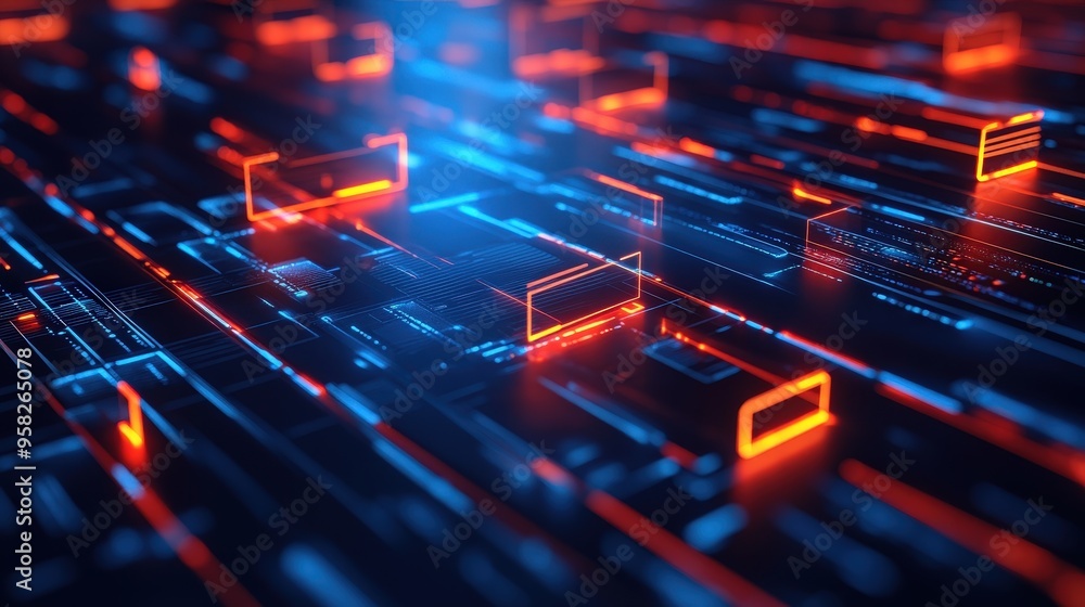 Poster abstract network grid with files and folders, futuristic software interface, digital document manage