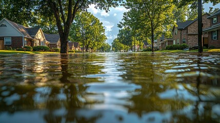 Fototapeta premium Flooded suburban street with water reflecting trees and houses
