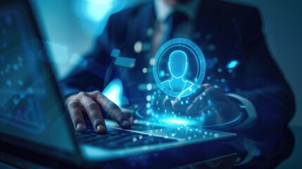 Business Professional Using Futuristic Digital Interface with Laptop in Office.