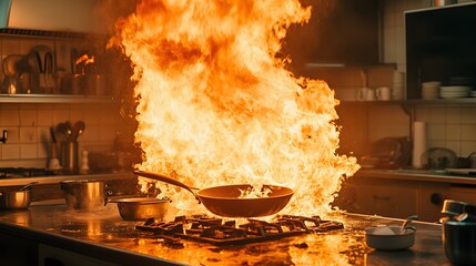 A skillet in flames, dramatic scene in a kitchen engulfed in fire, thick plumes of smoke rising, intense heat reflecting off utensils and countertops