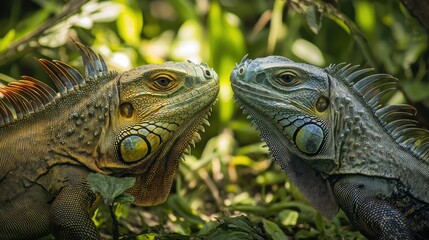 Obraz premium An iguana interacting with another iguana, displaying territorial or courtship behaviors.
