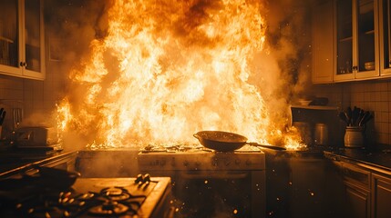 A skillet in flames, dramatic scene in a kitchen engulfed in fire, thick plumes of smoke rising, intense heat reflecting off utensils and countertops