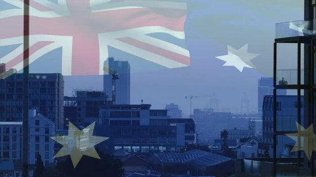 Australian flag animation over cityscape with buildings and construction cranes