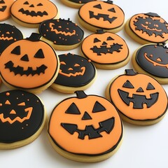 Delicious Halloween cookies decorated as spooky pumpkins, perfect for festive celebrations and autumn treats.