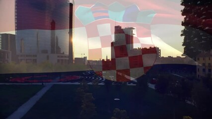 Croatian flag animation over cityscape with modern buildings and park - Powered by Adobe
