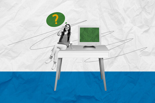 Sketch collage picture of smiling successful woman sitting table idea plan solution paper placard background