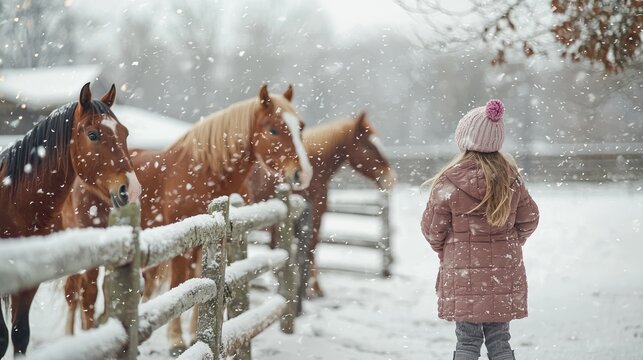 Child watching horses in a snowy winter scene by a wooden fence