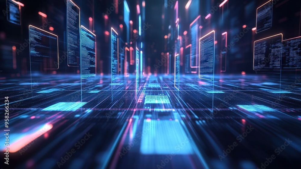 Poster abstract network grid with files and folders, futuristic software interface, digital document manage