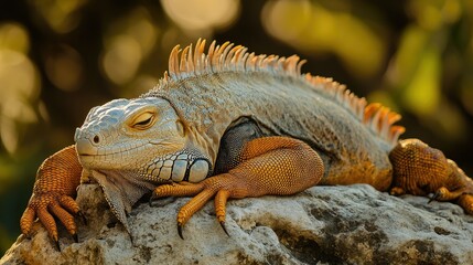 Fototapeta premium An iguana sunbathing on a rock, its eyelids closed and its body relaxed.
