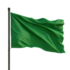 Green Flag Waving on a Wooden Pole Against a Light Blue Sky