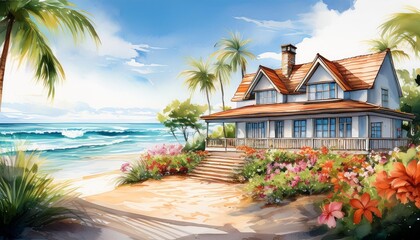 watercolor painting of a charming house by the beach