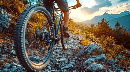 Mountain biker riding on a rocky trail during sunset in the mountains