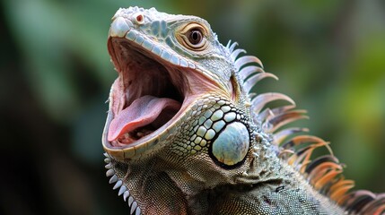 Fototapeta premium An iguana yawning, showing off its impressive array of teeth.