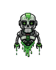 A robotic monster malfunctioning and leaking glowing green liquid.