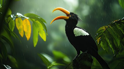 An Oriental Pied Hornbill calling out to its mate, its loud call echoing through the rainforest.