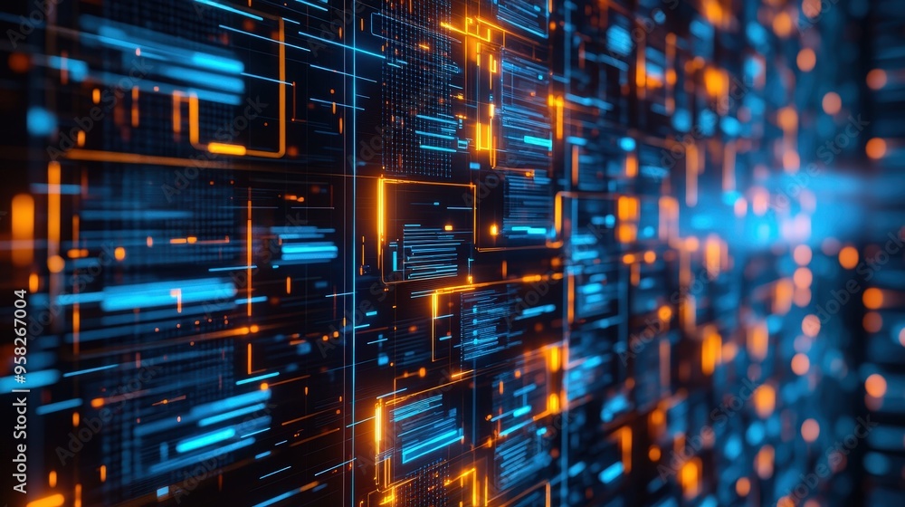 Poster abstract network grid with files and folders, futuristic software interface, digital document manage