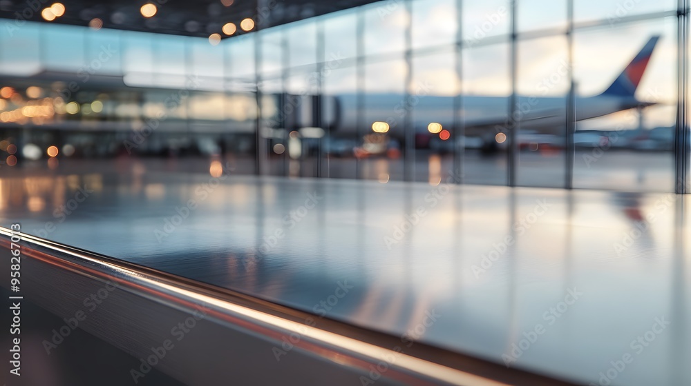 Aufkleber close-up of an empty table in an airport background for product display presentation template design