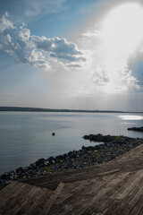 Modern wooden pier on the lake