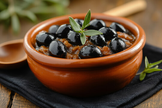 A delightful clay pot of esqueixada with olives and a wooden spoon, set on a rustic table ready for a Mediterranean feast