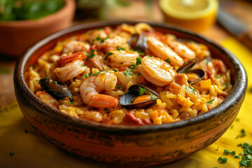 Delicious fideua with shrimp and mussels served in a traditional dish on a vibrant table setting in a cozy Spanish kitchen