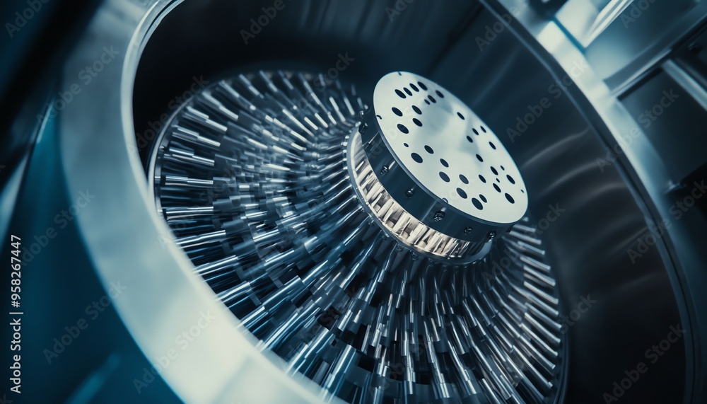Poster close-up of a circular machine with multiple cylindrical parts