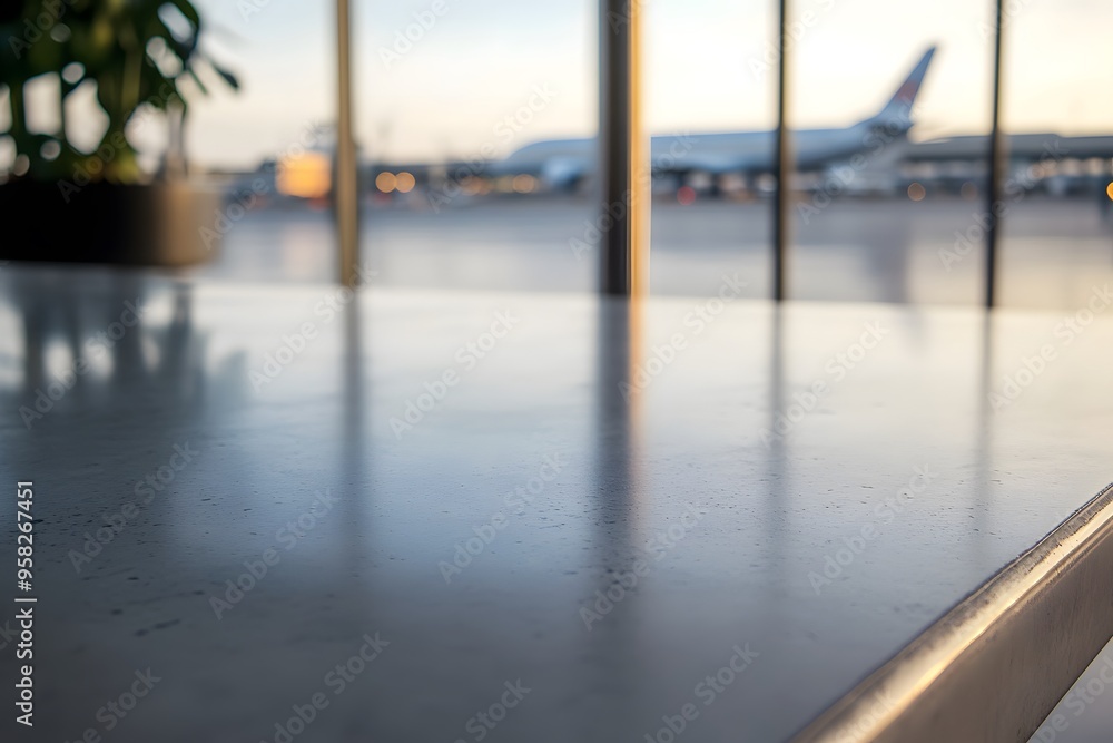Aufkleber close-up of an empty table in an airport background for product display presentation template design