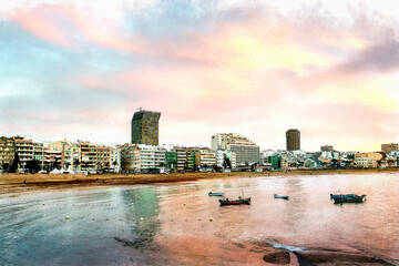 watercolor illustration Sunset at the las Canteras beach, Gran Canaria, Canary Islands © Miguel Diaz Ojeda