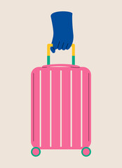 Hand holding suitcase. Concept of travel. Colorful vector illustration