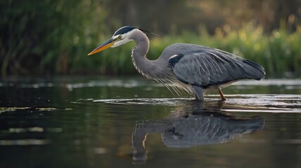 Fototapeta premium A cinematic close-up of a heron standing by a water edge,
