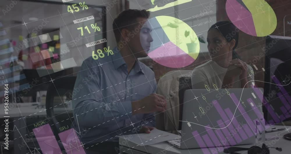 Poster business meeting with data charts and graphs animation over office setting