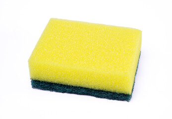 Yellow and green dishwashing sponge isletad, white background