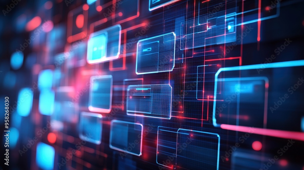 Poster abstract network grid with files and folders, futuristic software interface, digital document manage