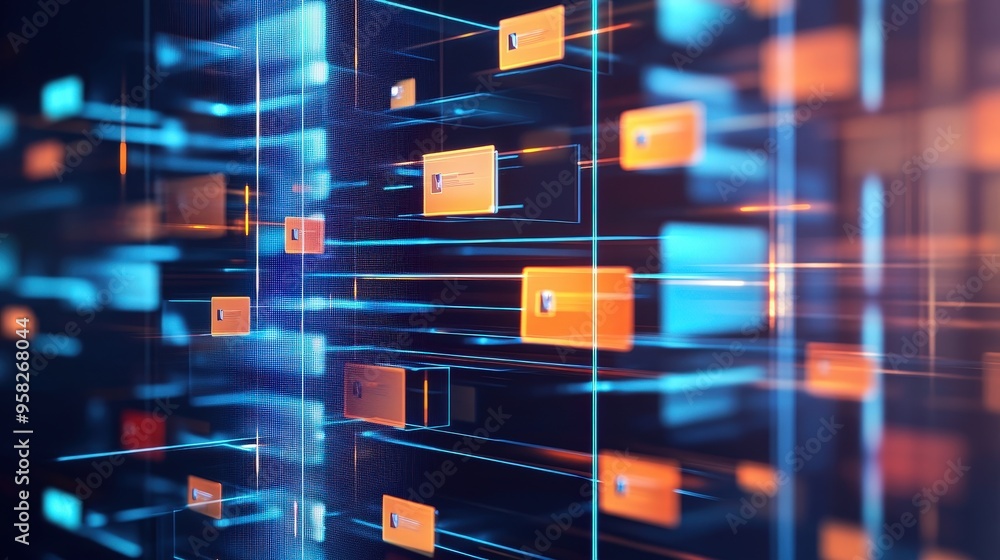 Poster abstract network grid with files and folders, futuristic software interface, digital document manage