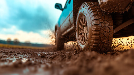 4x4 SUV car or truck driving on a dirt forest road.