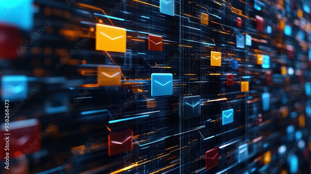 Poster abstract network grid with files and folders, futuristic software interface, digital document manage