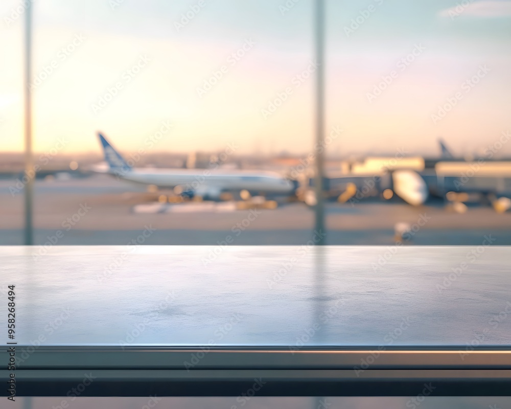 Aufkleber close-up of an empty table in an airport background for product display presentation template design