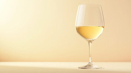 Close-up of a glass of white wine with soft lighting on a light background with copy space for elegant branding and design