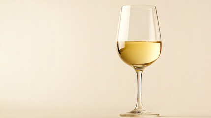 Close-up of a glass of white wine with soft lighting on a light background with copy space for elegant branding and design