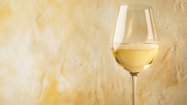Glass of white wine on a textured light background with copy space for elegant presentation and design