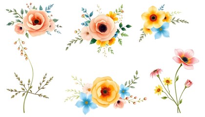 Colorful set of floral bouquets with pink, yellow, and blue flowers against a white background