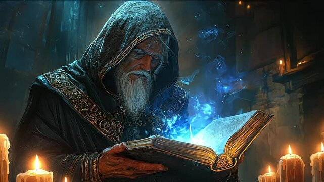 Mystical ancient wizard conjuring blue magical energy from an arcane tome in a dark, gothic cathedral setting, embodying fantasy and sorcery