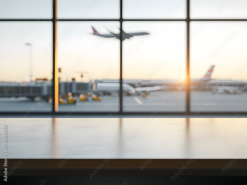 Aufkleber close-up of an empty table in an airport background for product display presentation template design