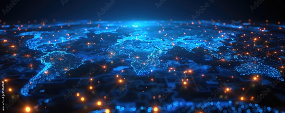 Poster stunning digital rendering of a glowing global map with a network of blue connections and orange lig