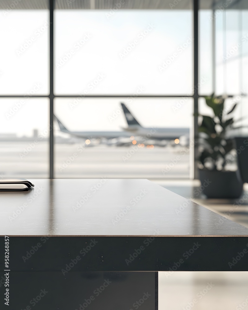 Aufkleber close-up of an empty table in an airport background for product display presentation template design