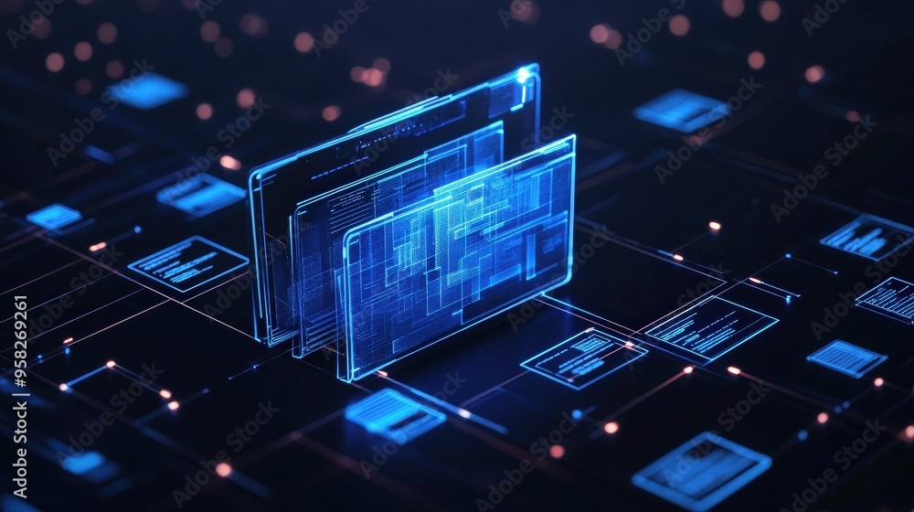 Poster abstract network grid with files and folders, futuristic software interface, digital document manage